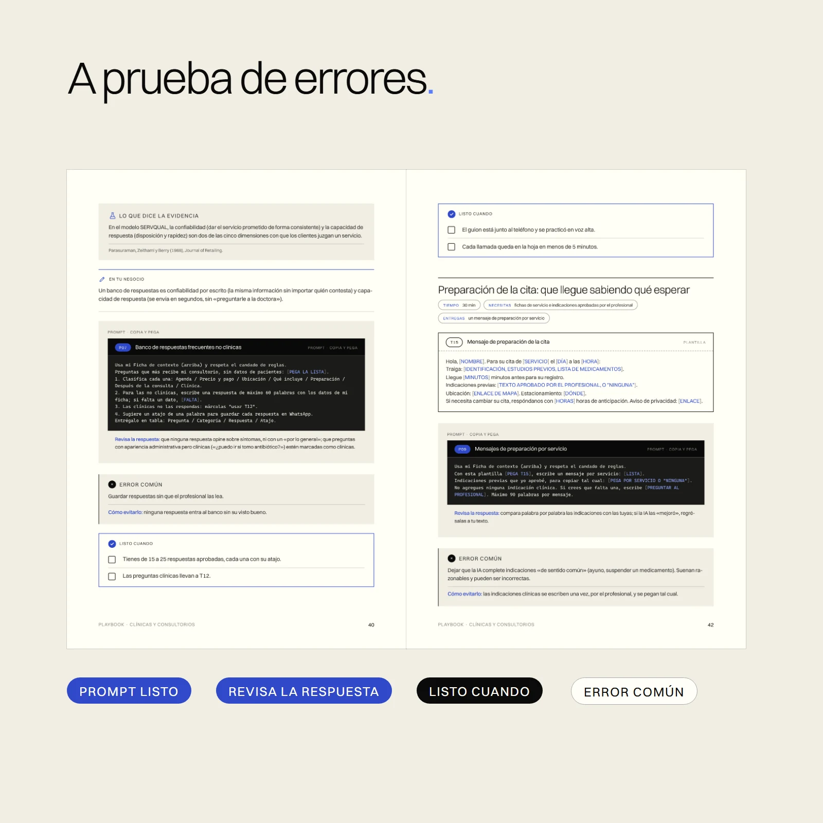 Dos páginas interiores con un prompt listo para copiar, su lista de revisión, un «Listo cuando» y un error común