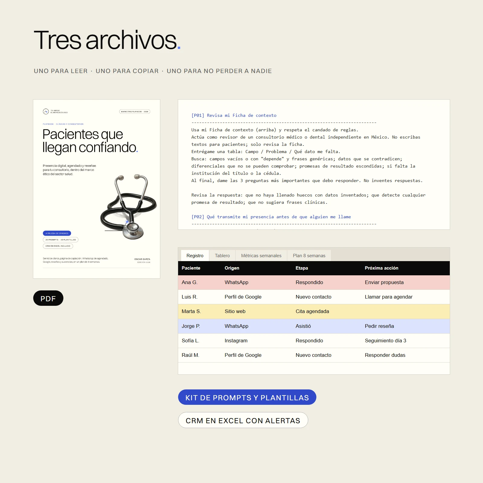 Los tres archivos incluidos: el PDF, el kit de prompts y plantillas y el CRM en Excel con alertas