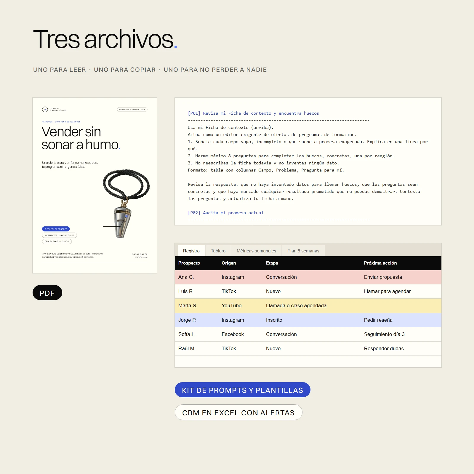 Los tres archivos incluidos: el PDF, el kit de prompts y plantillas y el CRM en Excel con alertas