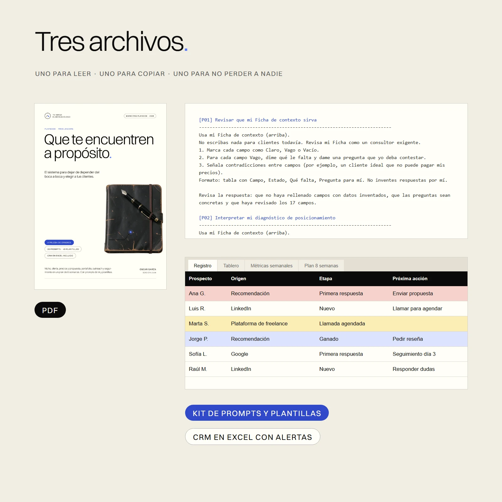 Los tres archivos incluidos: el PDF, el kit de prompts y plantillas y el CRM en Excel con alertas