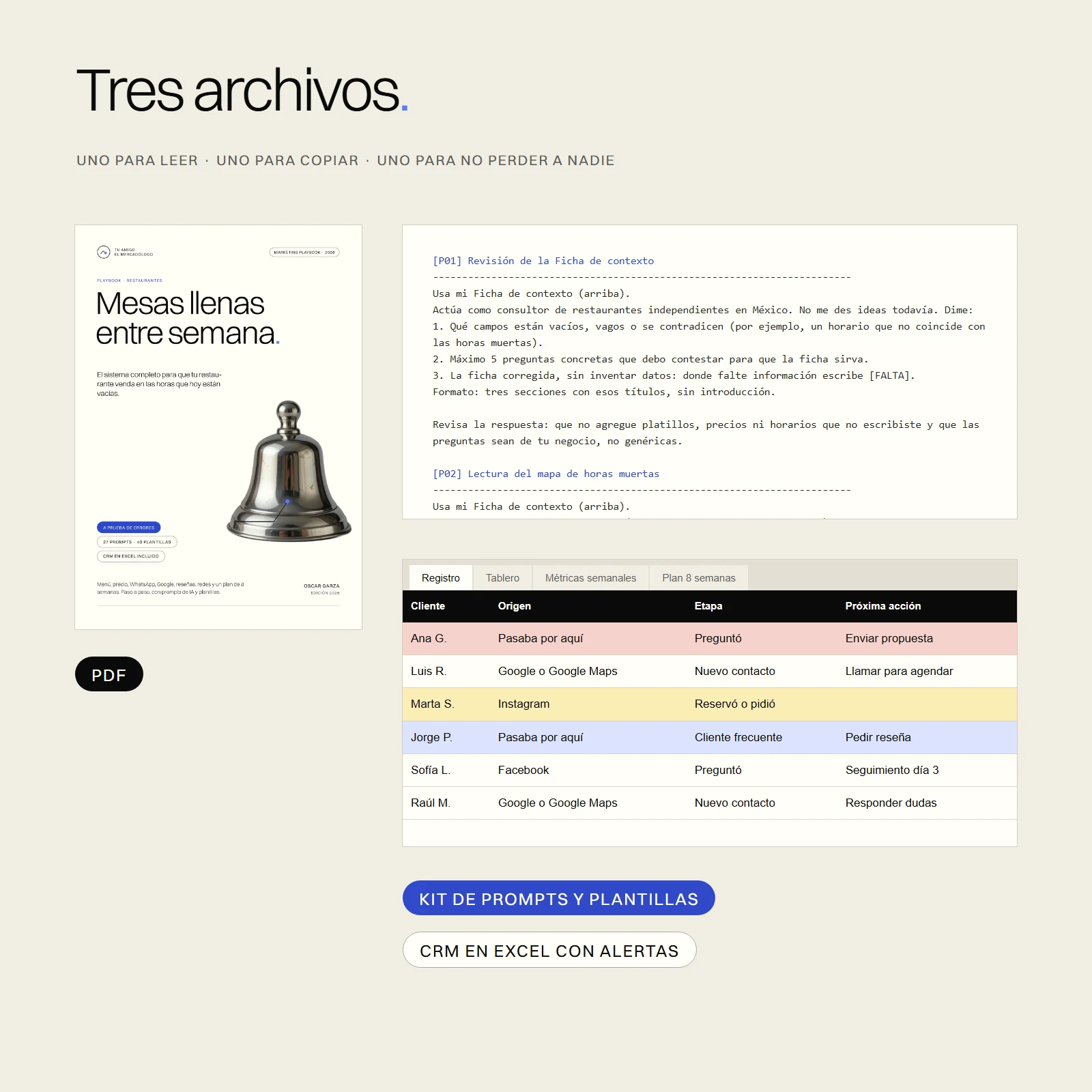 Los tres archivos incluidos: el PDF, el kit de prompts y plantillas y el CRM en Excel con alertas