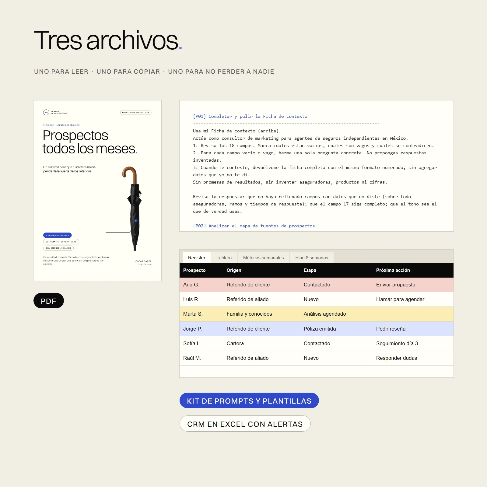 Los tres archivos incluidos: el PDF, el kit de prompts y plantillas y el CRM en Excel con alertas