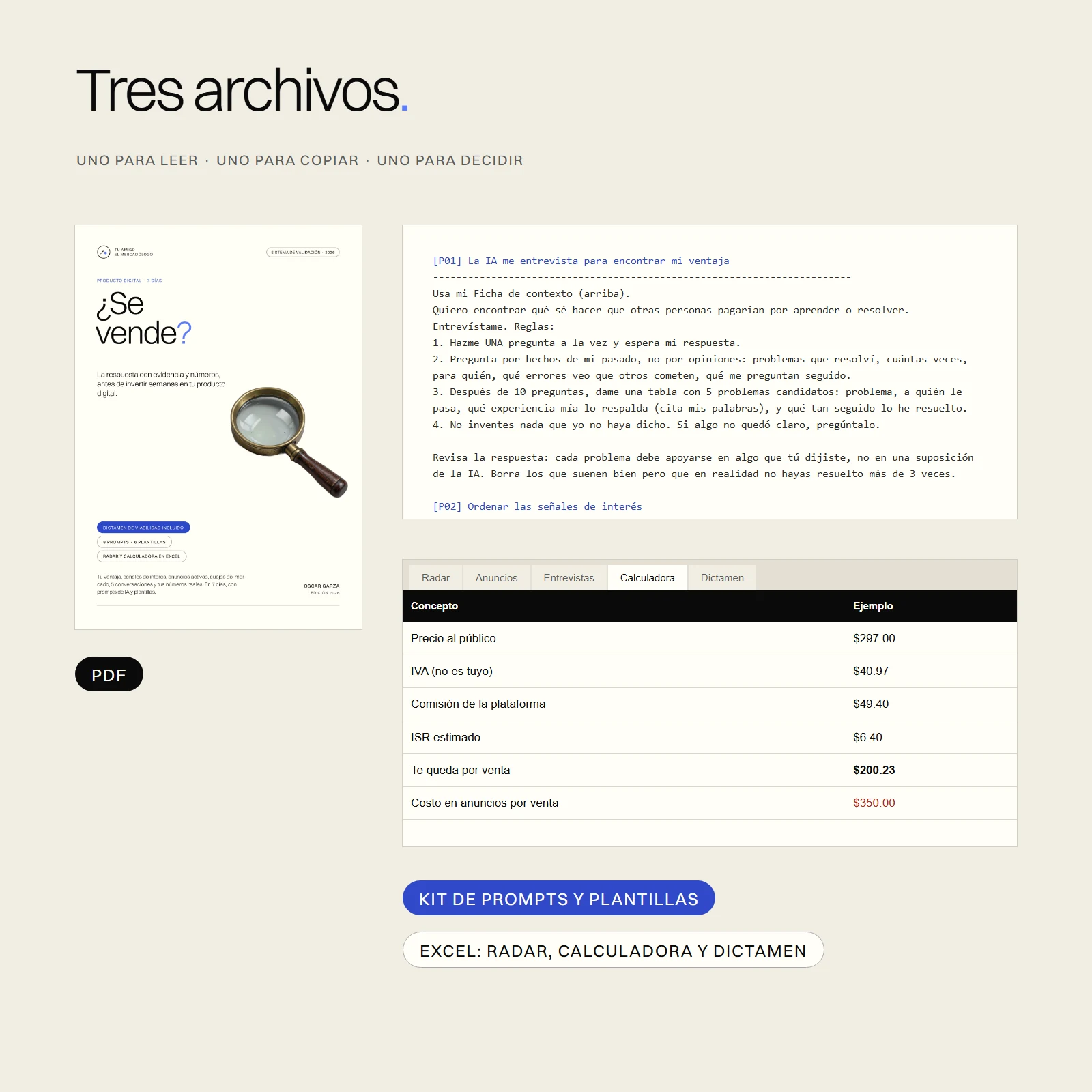 Los tres archivos incluidos: el PDF, el kit de prompts y la Calculadora de ganancia real en Excel