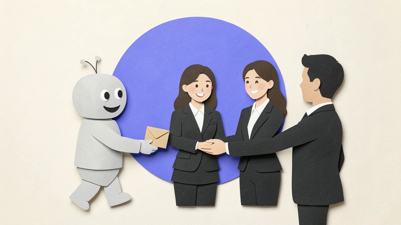 Ilustración en papel recortado: un robot le pasa un sobre a una vendedora, que lo entrega a un cliente