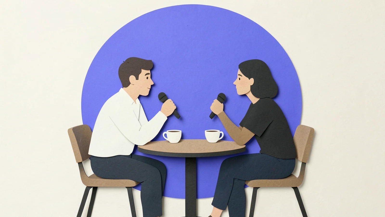 Ilustración en papel recortado: una entrevista con micrófono en una mesa con dos cafés
