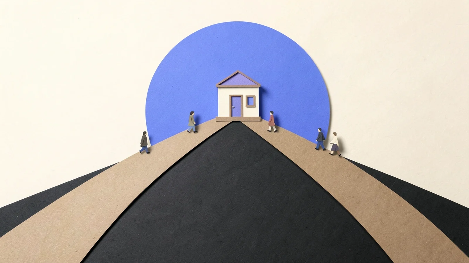 Ilustración en papel recortado: tres caminos que suben hacia un mismo negocio