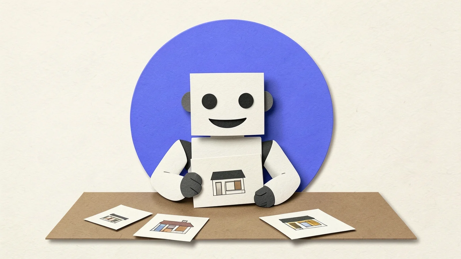 Ilustración en papel recortado: un robot de papel revisa tarjetas y elige una con una tienda