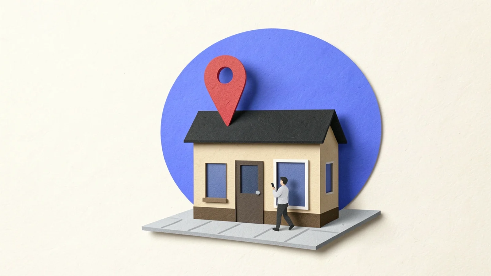 Ilustración en papel recortado: un negocio marcado con un pin rojo en un mapa de papel