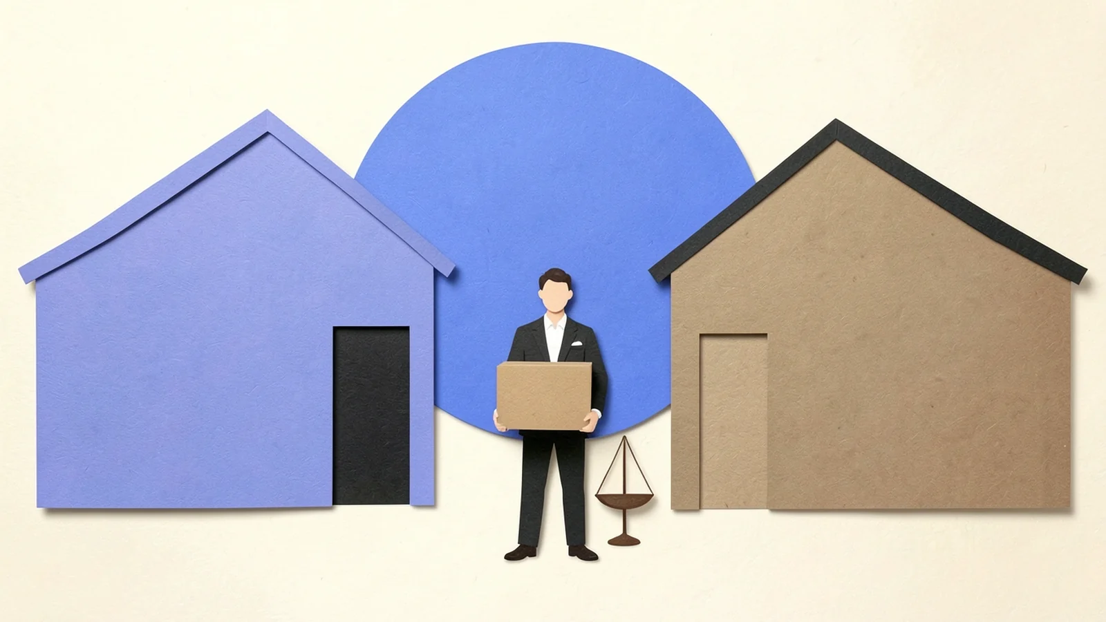 Ilustración en papel recortado: una persona con una caja decide entre dos almacenes