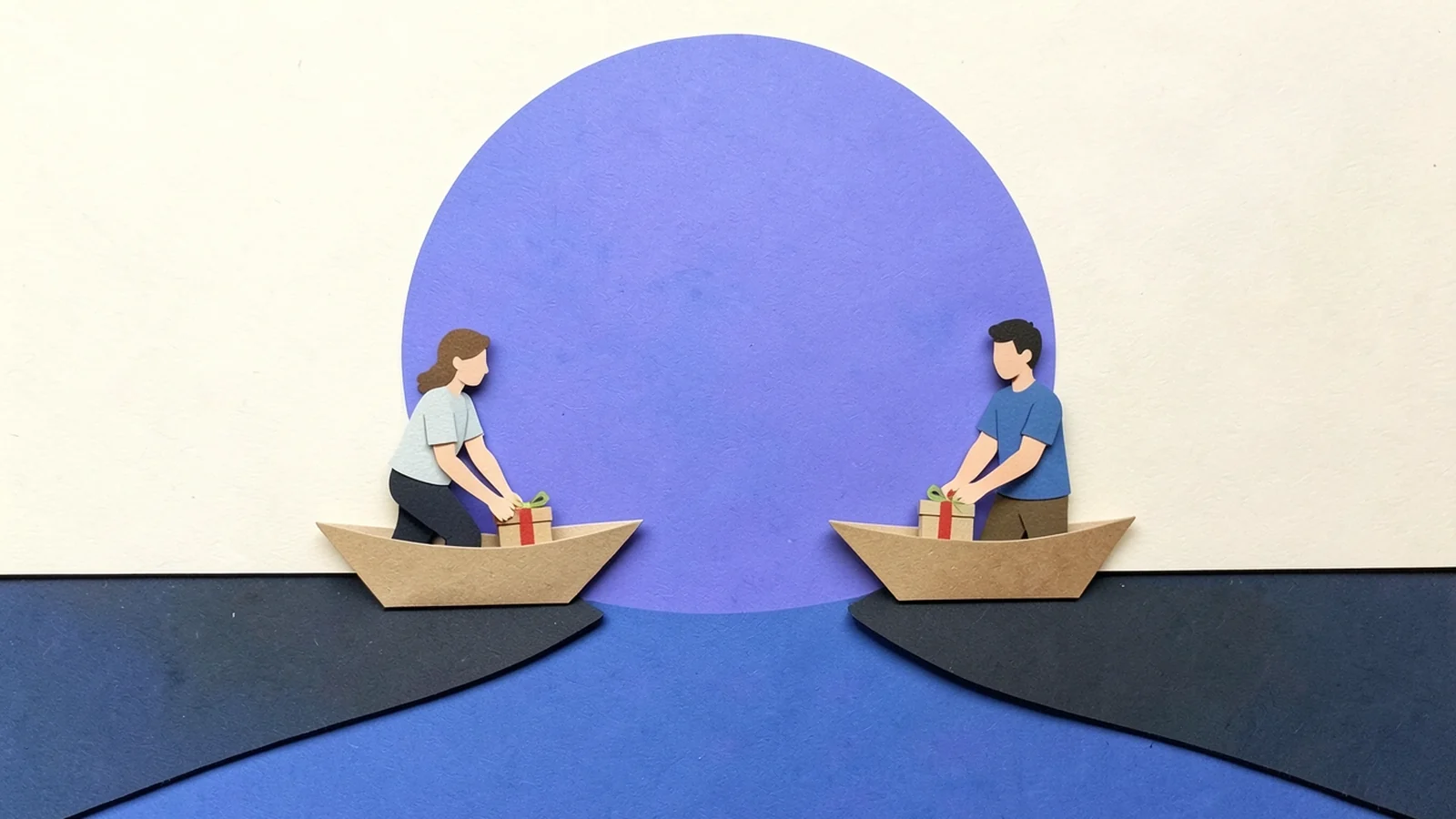 Ilustración en papel recortado: dos personas se pasan barquitos con regalos de un lado a otro de un río