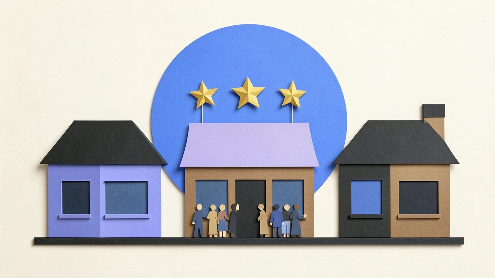 Ilustración en papel recortado: una calle con tres negocios, uno con estrellas doradas encima