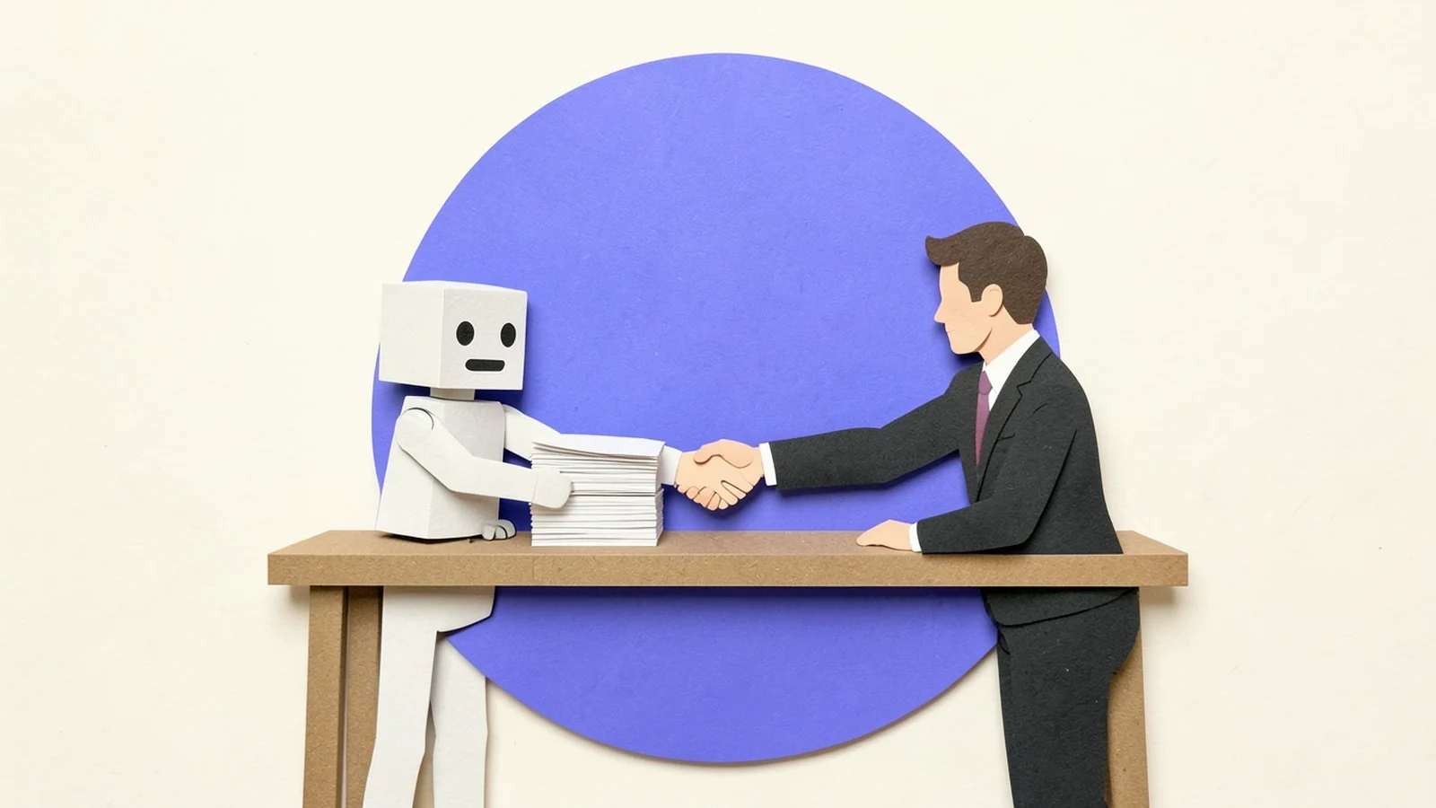 Ilustración en papel recortado: un robot ordena papeles mientras una persona atiende a un cliente