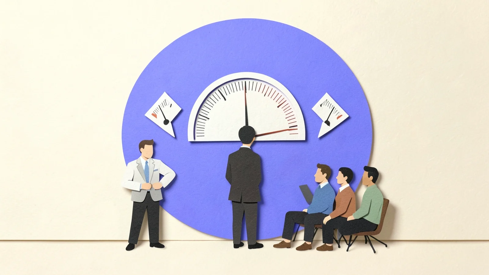 Ilustración en papel recortado: un equipo de ventas revisa tres indicadores en la pared