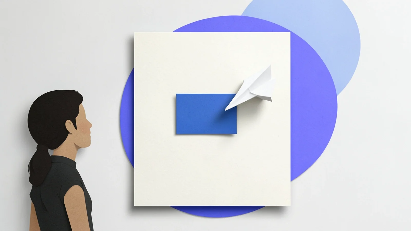 Ilustración en papel recortado: un avión de papel vuela hacia el único botón de una página
