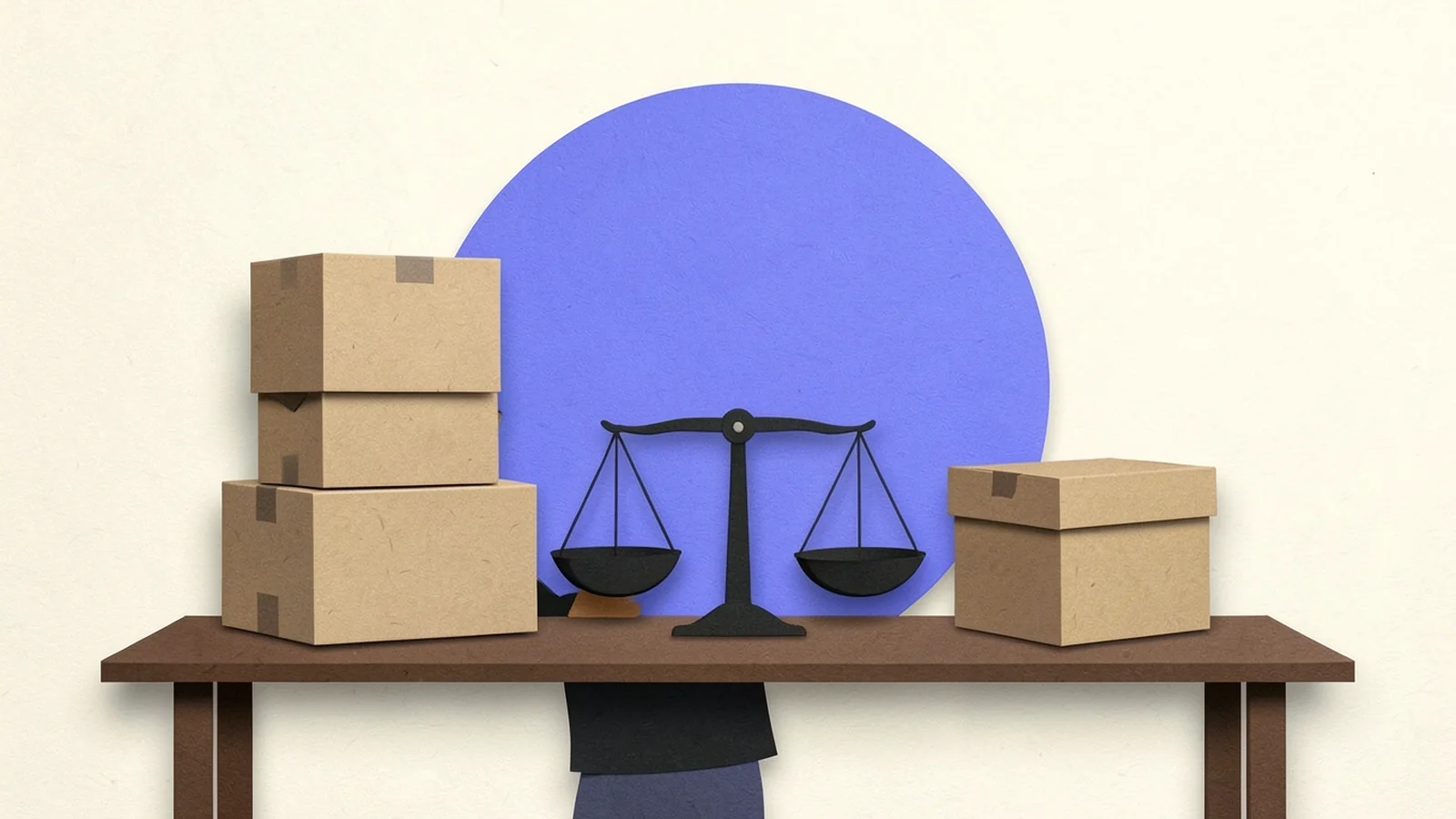Ilustración en papel recortado: una persona separa cajas en dos grupos junto a una balanza