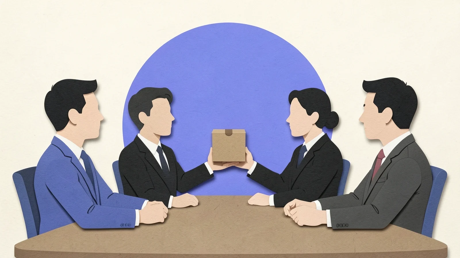 Ilustración en papel recortado: un vendedor presenta ante tres personas de una empresa
